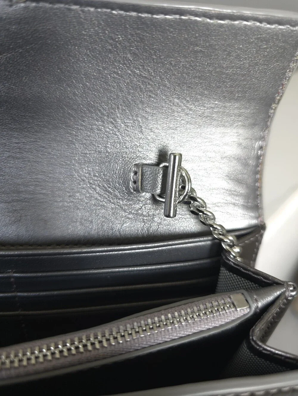 Cole Haan Metallic Silver Croc-Embossed Chain Crossbody Wallet